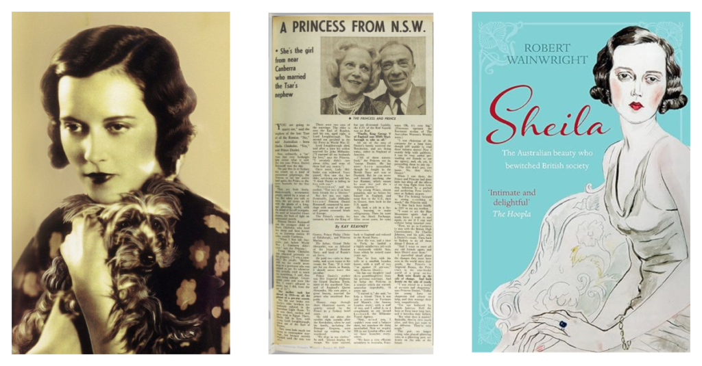 A triptych of images related to an Australian woman named Sheila  Chisholm from the early 20th century. On the left, a vintage colored portrait of Sheila, a woman with dark hair and a contemplative expression, holding a small dog. The middle image is a newspaper clipping titled 'A PRINCESS FROM N.S.W.' featuring an elderly couple smiling, accompanied by dense text. On the right, a book cover with a stylized illustration of Sheila, titled 'Sheila: The Australian beauty who bewitched British society' with a quote describing the book as 'intimate and delightful' by The Hoopla
